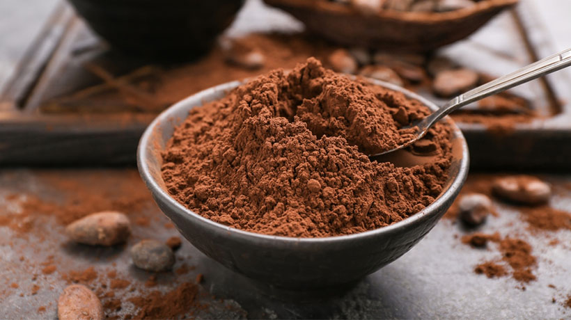 a ceramic bowl filled with pure cocoa powder