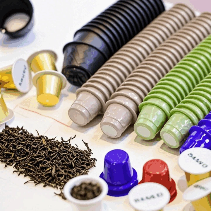 various stacks of empty coffee capsules
