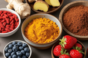 different types of berries, spices, and ground powder