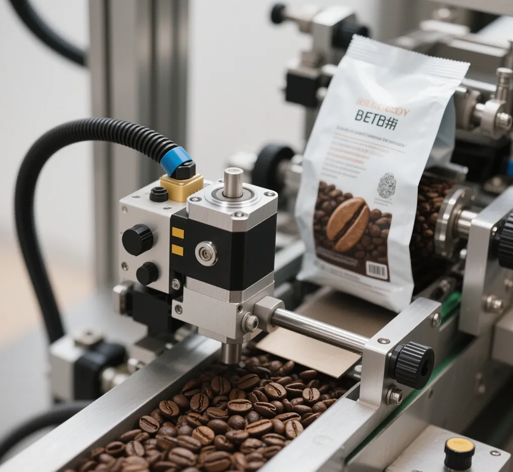 automated scanner checking the quality of coffee grounds while filling a pack