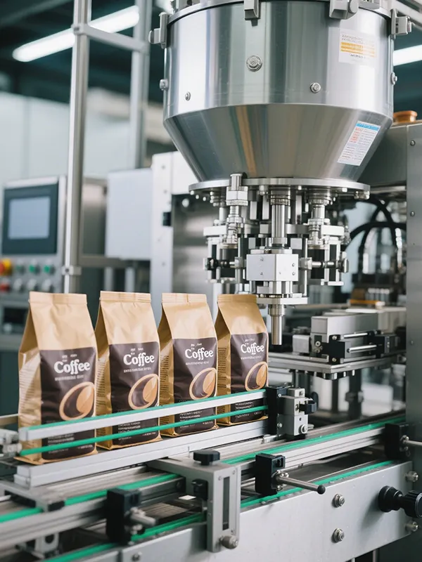 packaging machine filling coffee beans into paper-made sustainable pouches