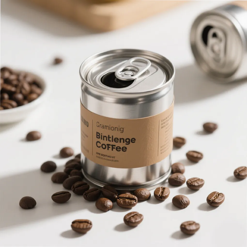 a small drink can of coffee with a few roasted coffee beans