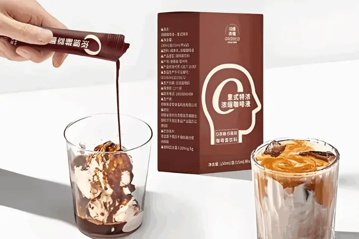 a liquid coffee concentrate stick poured over a glass of ice cream, creating a tasty drink so how to packaging liquid coffee