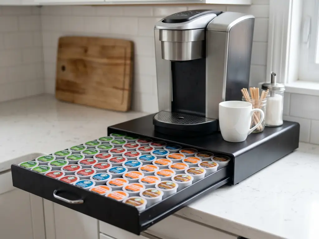 Messy vs organized K-Cup storage on kitchen countertop